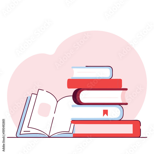 Pile of books for reading. Stack of various textbooks in hardcover, open notebook on a pink background. World book day. Literature, education concept. Isolated flat vector illustration (1).eps