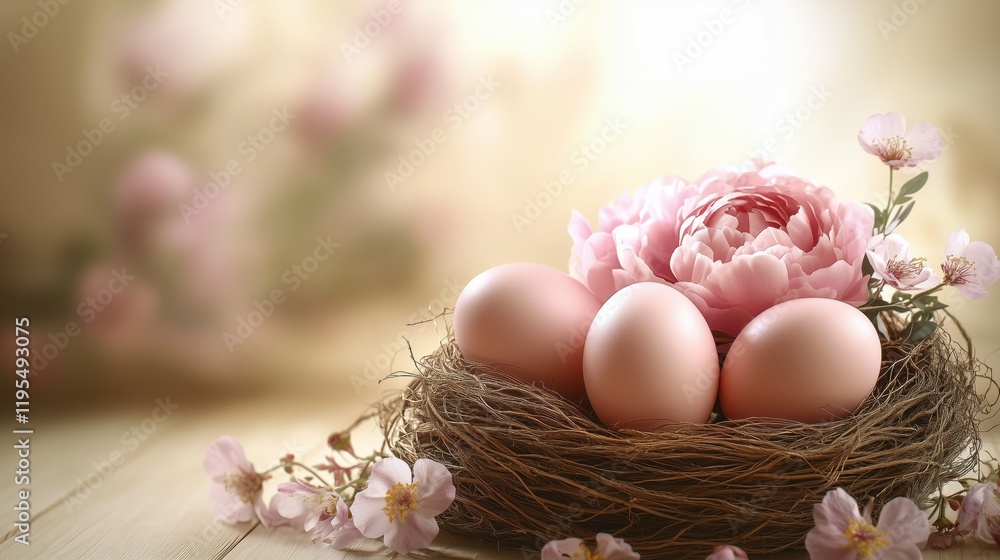 Elegantly arranged nest with pink eggs and blooming flowers celebrating spring and new beginnings Elegantly arranged nest with pink eggs and blooming flowers celebrating spring and new beginnings