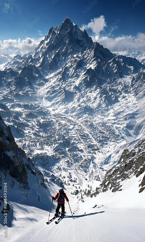 Skier descends snowy mountain peak, adventure backdrop Skier descends snowy mountain peak, adventure backdrop