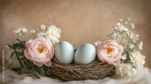 Blue eggs nestled in a natural nest surrounded by soft flowers create a serene spring display