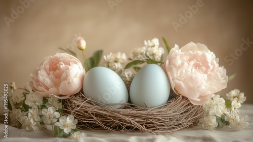 Blue eggs nestled in a natural nest surrounded by blooming peonies and delicate flowers