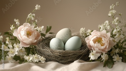 Spring celebration with beautifully arranged pastel eggs and flowers in a serene indoor setting