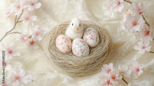 Nest with decorative eggs and a chick among cherry blossoms in a spring setting