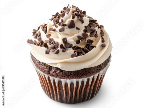 Delicious chocolate cupcake topped with creamy frosting and chocolate sprinkles ready to delight dessert lovers photo