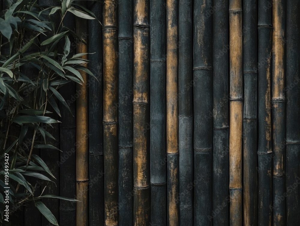 Fototapeta premium Bamboo wall with green foliage in close-up showcasing natural textures and colors