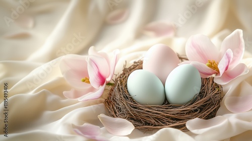 Nest of pastel eggs surrounded by flowers on soft fabric creates a serene spring atmosphere for Easter celebration