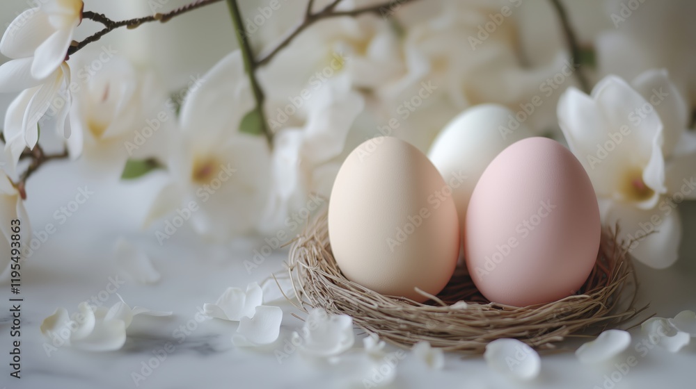 Delicate nest with pastel-colored eggs surrounded by blooming flowers in a serene setting Delicate nest with pastel-colored eggs surrounded by blooming flowers in a serene setting