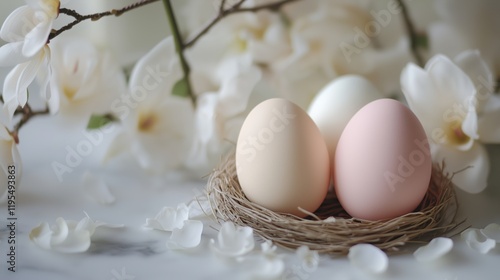 Delicate nest with pastel-colored eggs surrounded by blooming flowers in a serene setting
