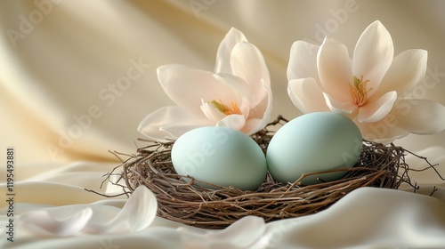 Beautiful spring nest with blue eggs and soft magnolia flowers on silk fabric