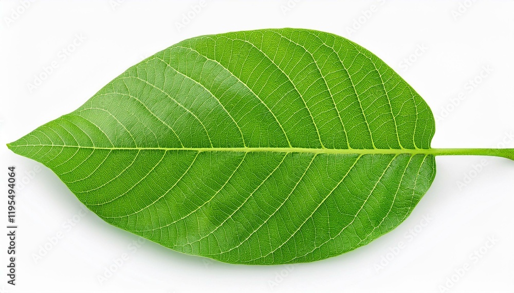 Fototapeta premium Top view of a vibrant green walnut leaf isolated on a white background, perfect for natural product designs. 