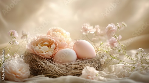 Budding flowers and pastel eggs nestled in a delicate nest create a serene springtime decoration