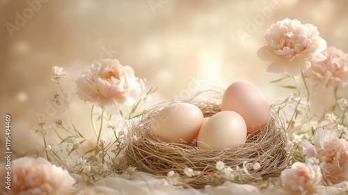 Nest filled with pastel eggs surrounded by delicate flowers in soft lighting for a serene spring setting