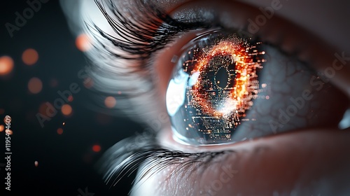 Robotic eye scanning and analyzing breached holographic data networks in an intense dramatic and vivid cyberpunk inspired sci fi visualization  The image showcases a futuristic high tech photo