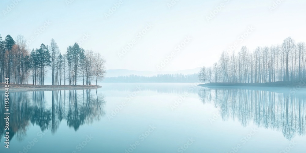 Fototapeta premium Calm water mirrors trees along the shore as morning fog blankets the area, creating a peaceful atmosphere in a picturesque environment