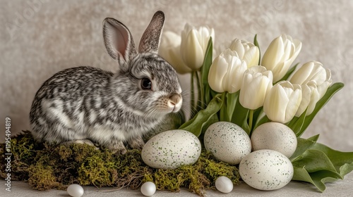 Gray rabbit beside white tulips and decorative eggs for spring celebration in a cozy indoor setting