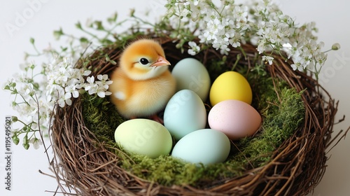 Colorful eggs and a chick in a nest surrounded by flowers creates a charming spring setting