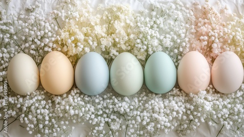 Colorful easter eggs arranged on delicate white flowers in a serene spring setting
