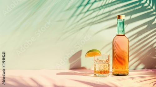 Refreshing beverage with glass and lime slice on pastel background surrounded by soft shadows