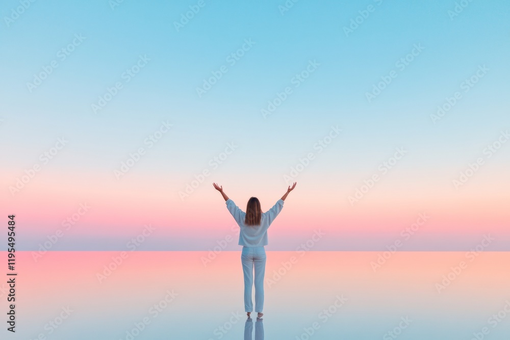 Woman Embracing Serenity at Sunset on Reflective Hilltop Woman Embracing Serenity at Sunset on Reflective Hilltop