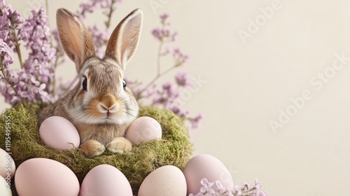 Cute rabbit resting in moss nest surrounded by pastel eggs during springtime celebrations in a floral setting