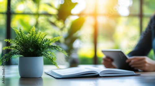 Relaxing afternoon with a tablet and a book in a serene indoor garden setting