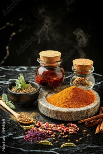 Exquisite spices assortment on dark marble surface