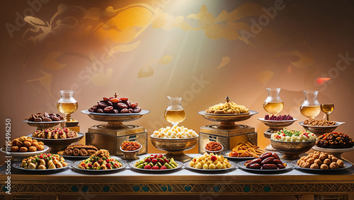 Luxurious iftar buffet with dates and water photo