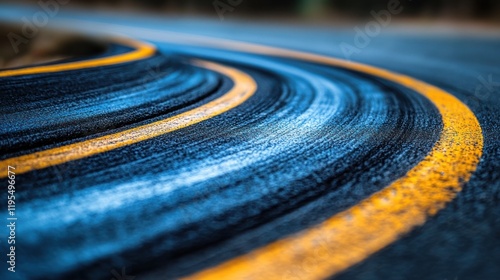 Close-up view of a curved road with yellow lines. photo