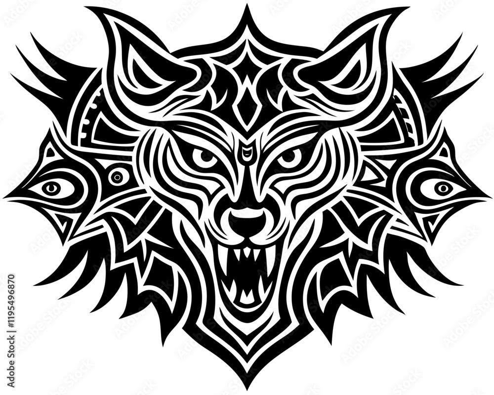 Fototapeta premium Tribal Tattoo Designs Featuring Wolf Head, Dragon Silhouette, and Abstract Patterns