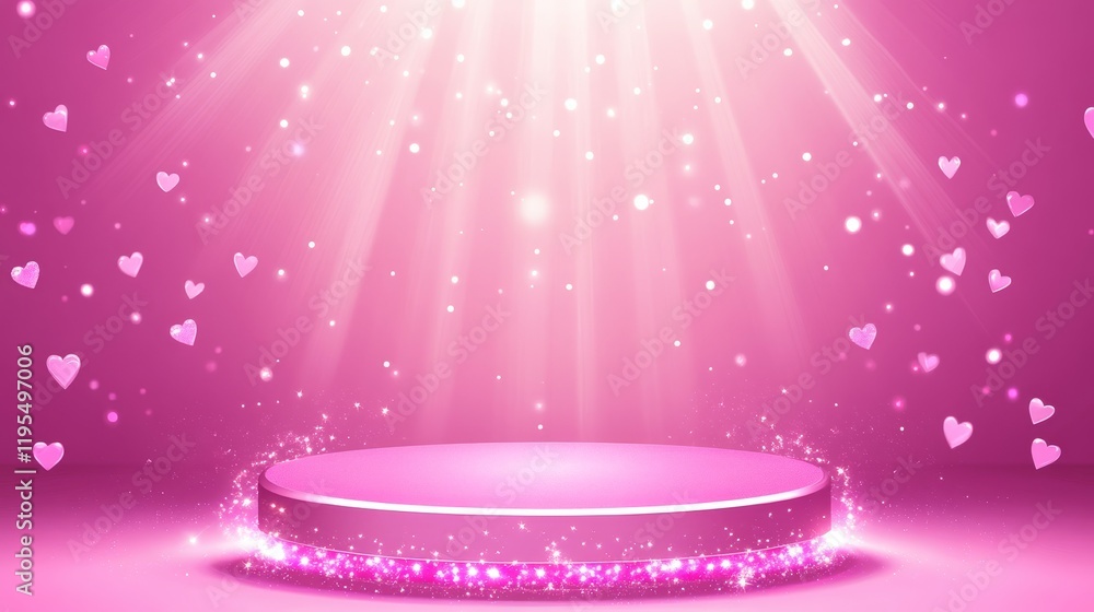 Obraz premium Pink podium illuminated with glowing lights and floating hearts symbolizing love and romance