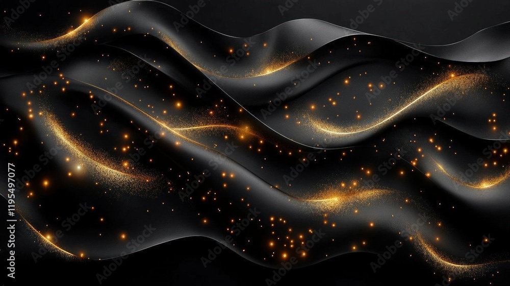 Abstract Black Fabric with Golden Glitter and Waves: Elegant and Luxurious Background Abstract Black Fabric with Golden Glitter and Waves: Elegant and Luxurious Background