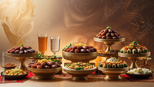 Luxurious iftar buffet with dates and water photo