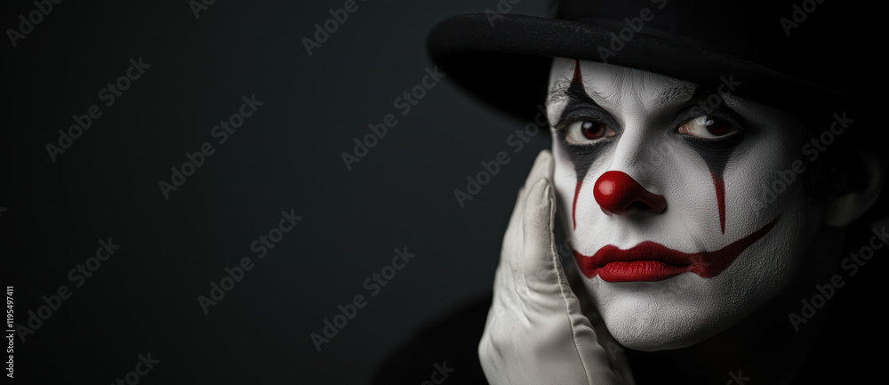 A captivating portrait of a clown with dramatic makeup and a somber expression. The detailed face paint art adds depth and emotion, capturing a unique blend of sadness and mystery. A captivating portrait of a clown with dramatic makeup and a somber expression. The detailed face paint art adds depth and emotion, capturing a unique blend of sadness and mystery.