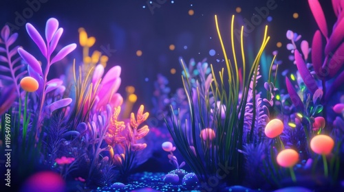 Microscopic ecosystem showcases vibrant microbes and colorful plant life in a magical underwater world. Generative AI photo