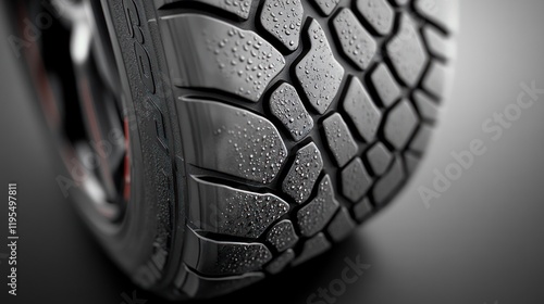 Close-up view of a wet tire tread with water droplets. photo