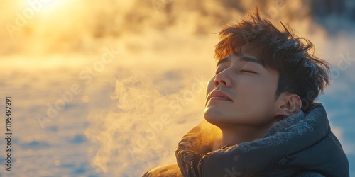 Tranquil Moments Korean Man Breathing in Snowy Sunrise photo