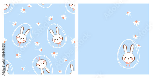 Seamless pattern with rabbit cartoons, Easter eggs and daisy flower on blue background. Cute rabbit face cartoon, hand drawn line egg and daisy icons vector.