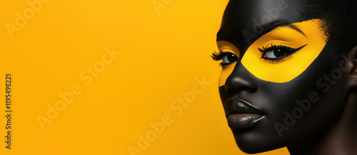 Bold portrait of a woman, vibrant, abstract face paint. The black and yellow contrast enhances the artistic, striking look, showcasing creativity and individuality against a matching backdrop.