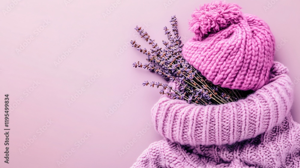 Fototapeta premium Lavender Bouquet in Knitted Winter Hat and Sweater