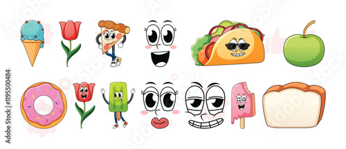 Groovy fast food characters set isolated on white background. Vector cartoon illustration of retro restaurant mascots, ketchup and mustard bottles, pizza, french fries, cup of soda, hotdog smiling