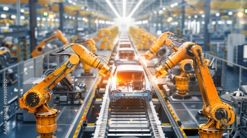 Automated robots assembling cars in a modern manufacturing facility. Automated robots assembling cars in a modern manufacturing facility.