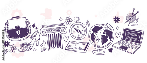 A cartoonish drawing of a man with a mustache and glasses. The drawing is filled with various objects, including a cup, a spoon, a cupcake, a cup, a bottle, a cupcake, a cupcake, a cupcake