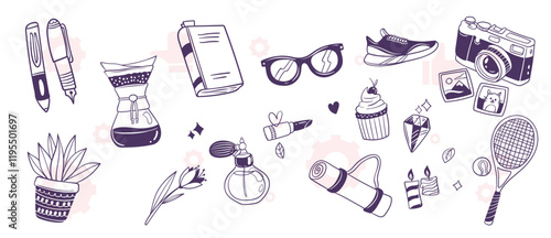 A cartoonish drawing of a man with a mustache and glasses. The drawing is filled with various objects, including a cup, a spoon, a cupcake, a cup, a bottle, a cupcake, a cupcake, a cupcake