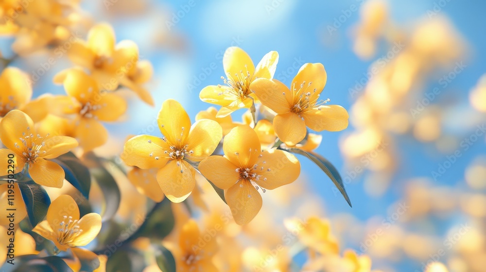 Bright yellow flowers blooming on a clear spring day against blue sky Bright yellow flowers blooming on a clear spring day against blue sky