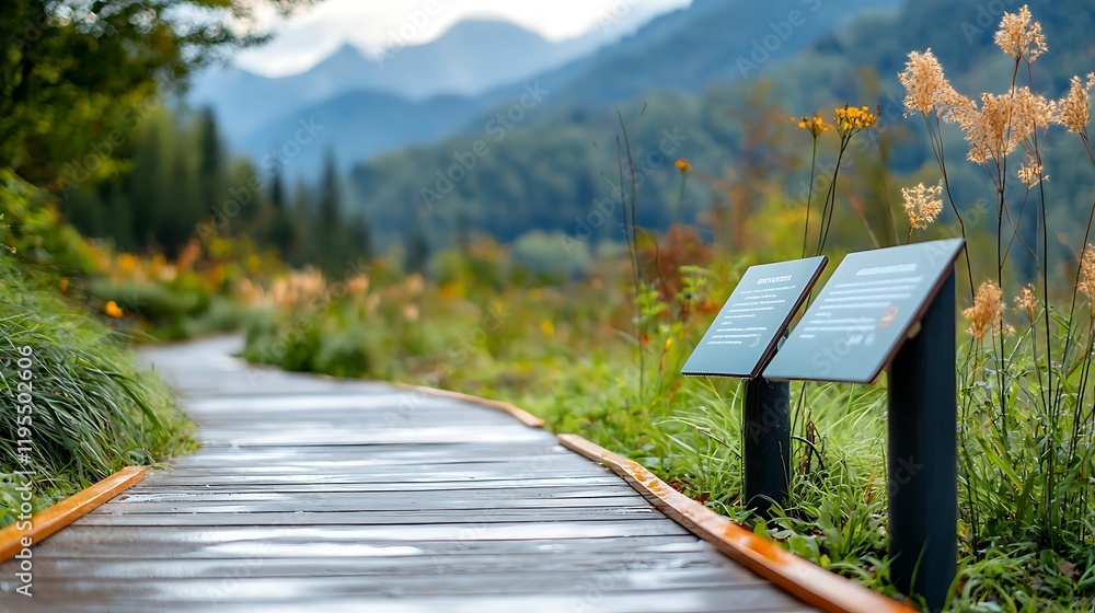 Naklejka premium Winding wooden pathway through a picturesque geothermal park featuring informational signs and markers to guide visitors on an educational and adventurous outdoor