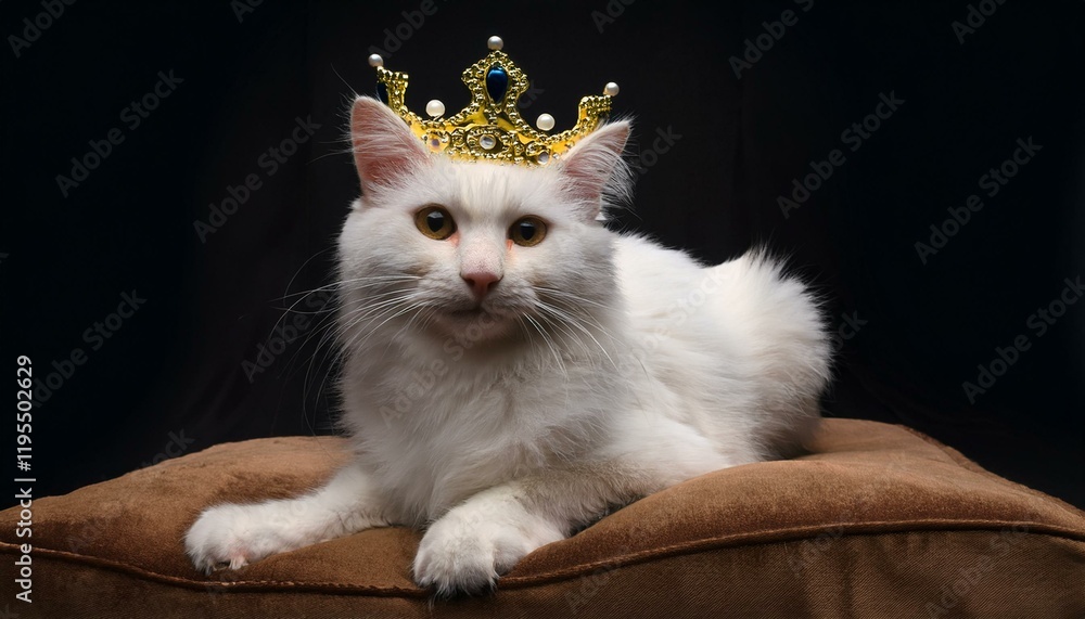 Obraz premium a cat with elegant white fur sitting on a velvet cushion wearing a small royal crown adorned with pearls