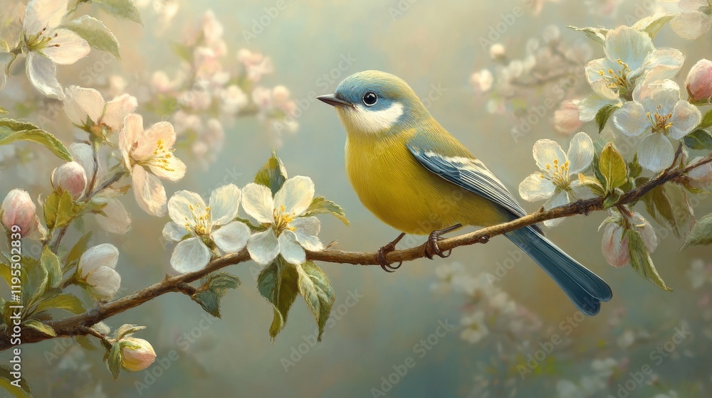 Colorful bird perched on blossoming branch in serene spring setting Colorful bird perched on blossoming branch in serene spring setting