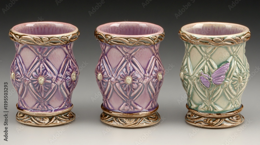Elegant Ceramic Cups Set- Ornate Floral Design & Butterfly Accent