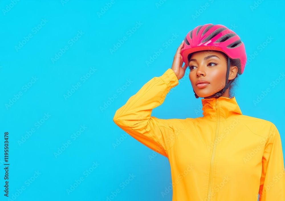 Confident Cyclist in Bright Jacket Against Blue Sky Confident Cyclist in Bright Jacket Against Blue Sky