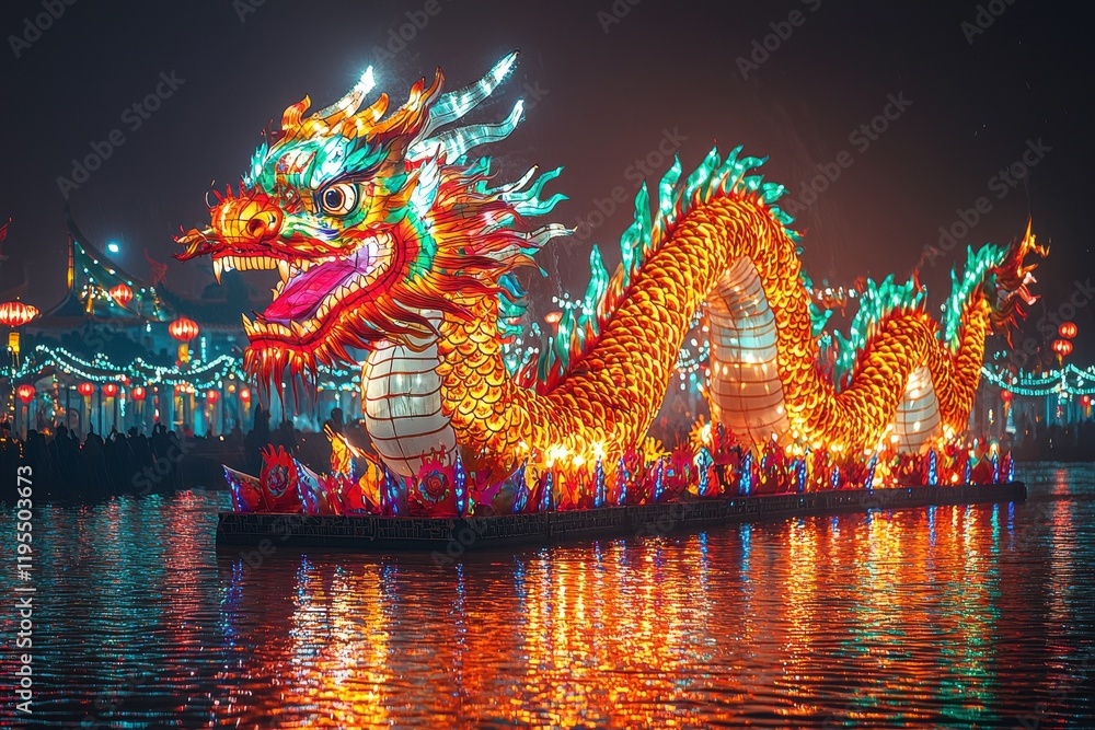 Obraz premium Stunning Vibrant Dragon Lantern Illuminates the Night Water with Reflections, Celebrating Culture and Tradition in a Festive Atmosphere with Colorful Lights